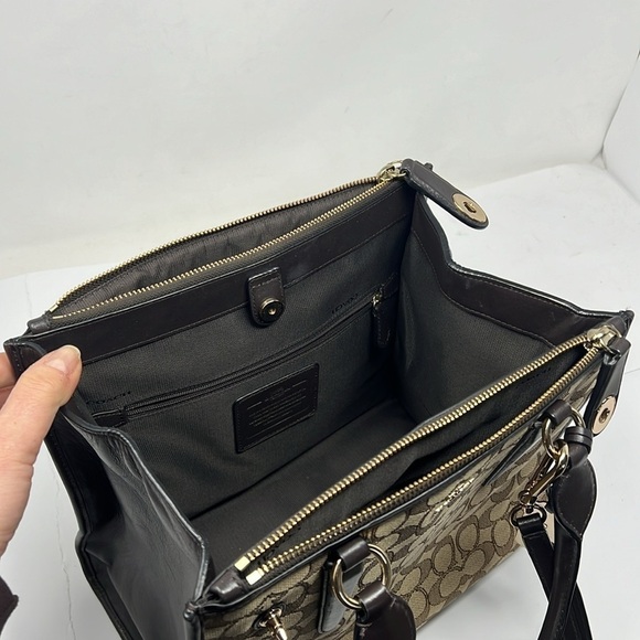 Coach Jacquard Logo and Brown Leather Satchel Shoulder Crossbody Bag - Picture 11 of 16